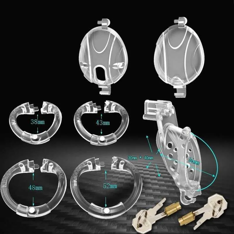 2021 New Transparent Flip Design Male Chastity Device with 2 Cock Cage Cap and 4 Penis Ring Plastic Chastity Belt Adult Sex Toy P0826