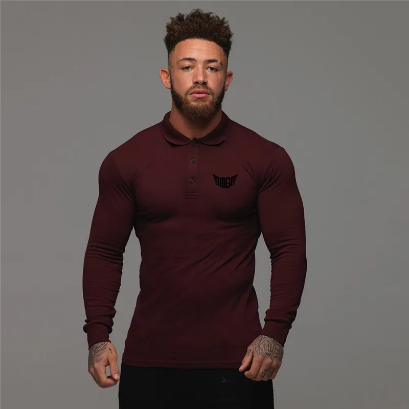 Muscleguys Polo Shirt Men Autumn Fashion Long Sleeve Turn-over Collar Slim Fit Tops Casual Breathable Solid Color Business Shirt 210421
