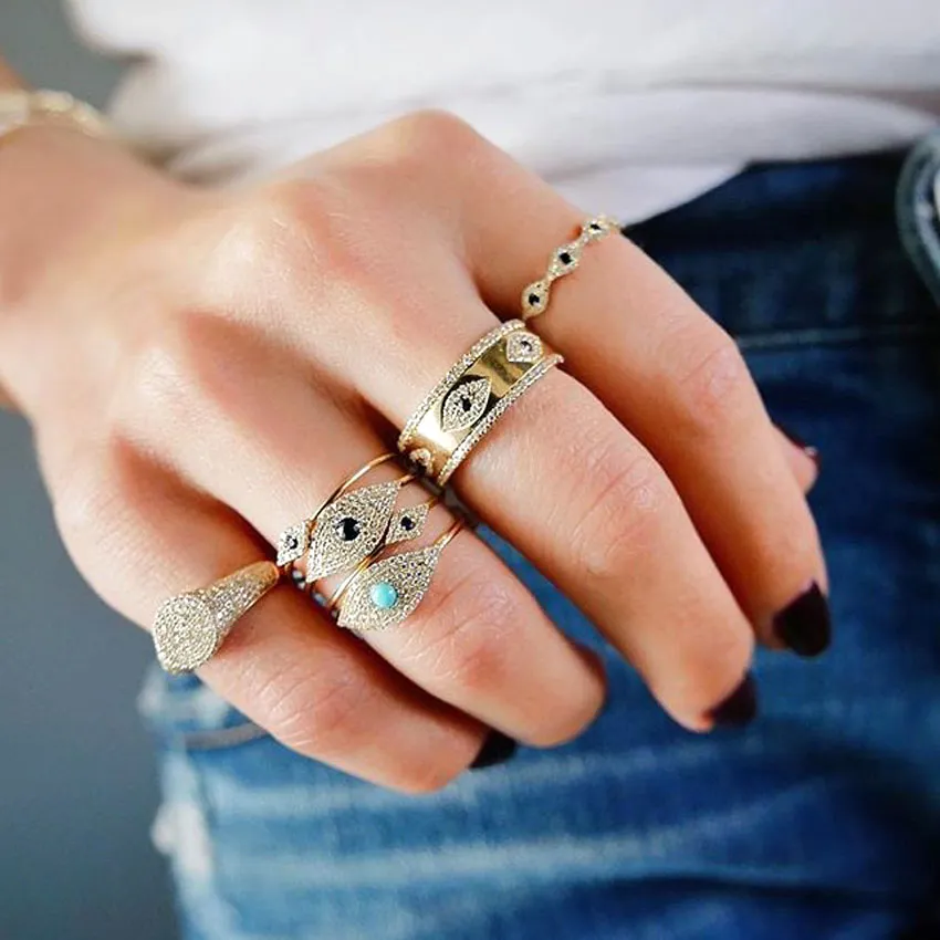 Anéis de banda de noivado largos gravados CZ Evil Eye cor dourada para mulheres presente de festa joias de dedo clássico verão anel da sorte 4938192