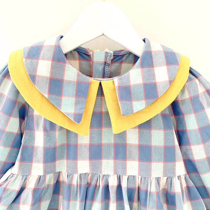 Filles robe mode Plaid revers couleur correspondant printemps été à manches longues enfants princesse bébé fille vêtements 210515