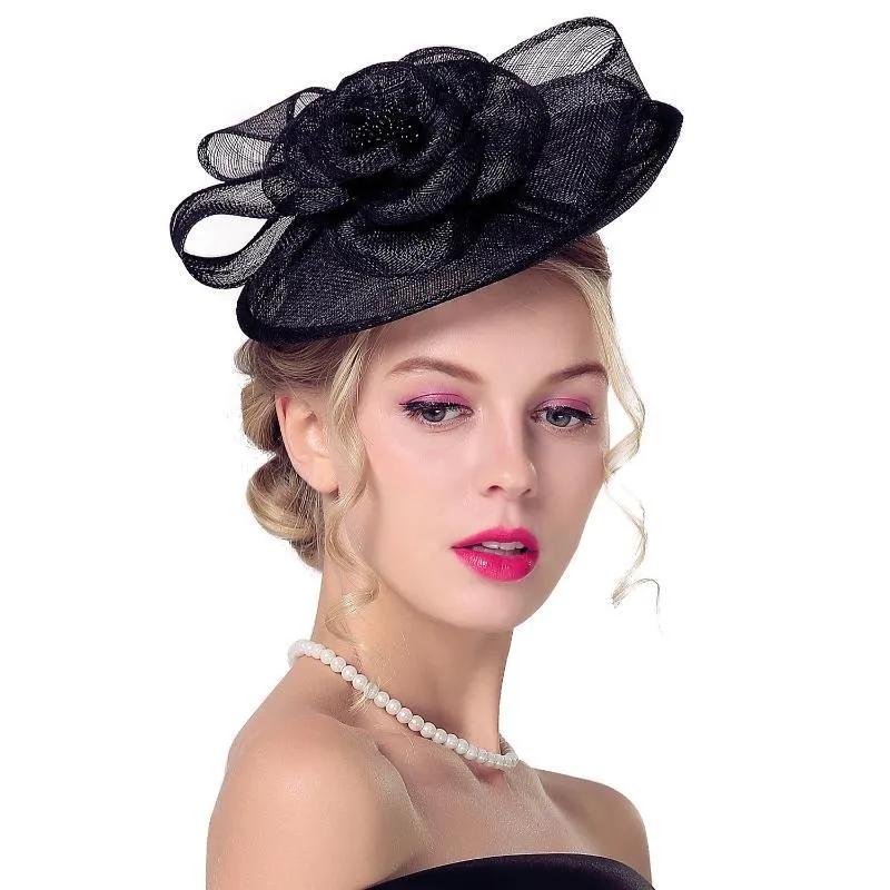 Cappelli a tesa larga Copricapo di lino da donna britannico Business Elegante cappello a cilindro Cena Festa di nozze Pografia Fascia da sposa all'ingrosso