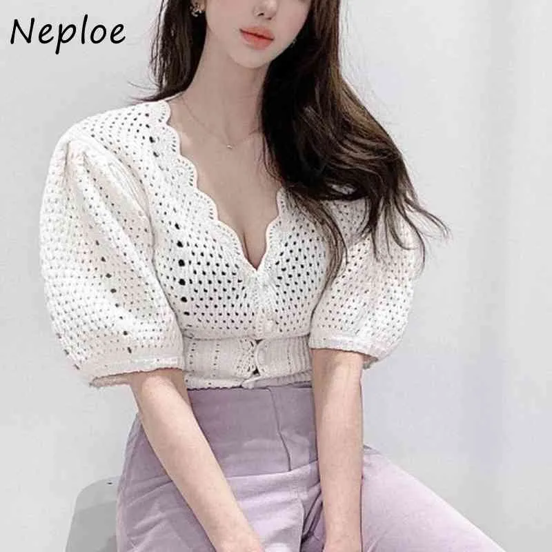 V Neck Puff Short Sleeve Knit Sweater Cardigans Women Hollow Out Design Solid Slim Pull Femme Coat Summer Ol Sueter 210422