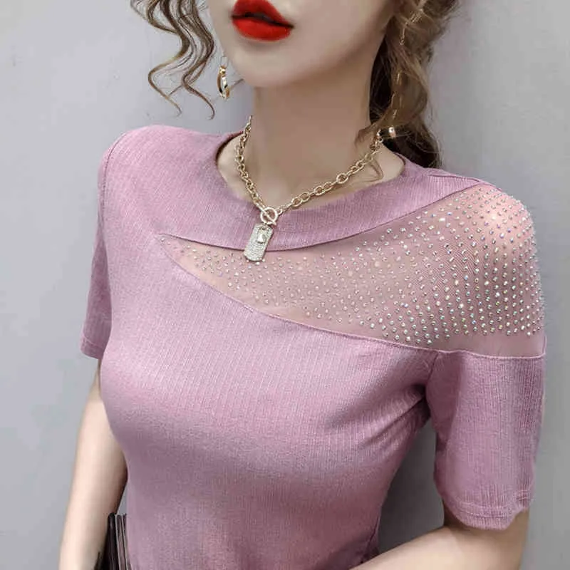 Diamants de femmes T-shirt Patchwork Tissu à manches courtes Slim Korean Club Sexy Mode Femme Sauvage Tees Femme Tops LS371 210506