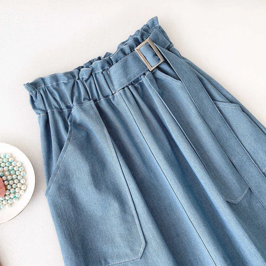 Surmiitro lente zomer vrouwen koreaanse stijl blauwe hoge knop taille zon school knielengte midi vrouwelijke denim rok met riem 210621