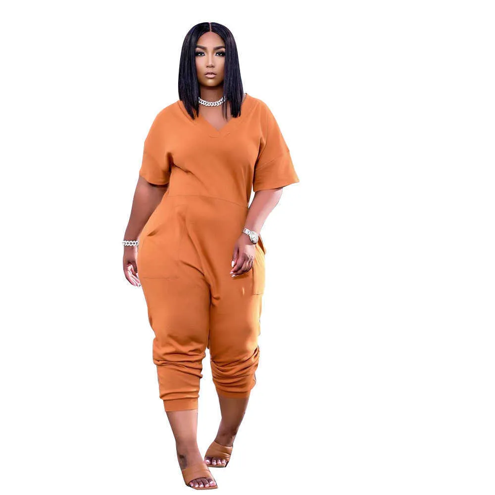 5 XL Plus Size Jumpsuit Fashion Pocket Sexy V Neck Casual High Street Solid Color Trousers Women's Clothing Wholesale 211022