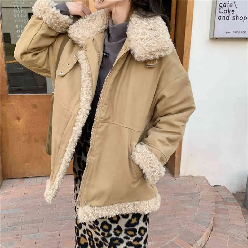 estilo coreano mulheres casacos de algodão de inverno grossa zíper quente casaco casual cordeiro peles espessas casaco quente mulheres c08861 210423