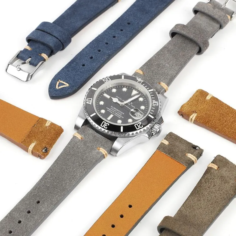 Horlogebanden Zacht Suède Vintage Bandjes 20mm 22mm Hoge kwaliteit Blauwe Handgemaakte Stiksels Vervanging Polsband301d