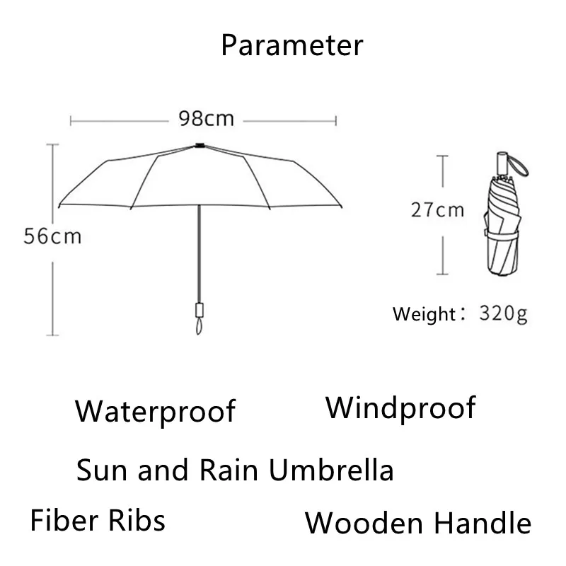 Högkvalitativ Trähandtag Regnparaply Kvinnor Män Tre Fällande UV Sun Solskade Paraplyer Guarda Chuva Paraguas Mujer