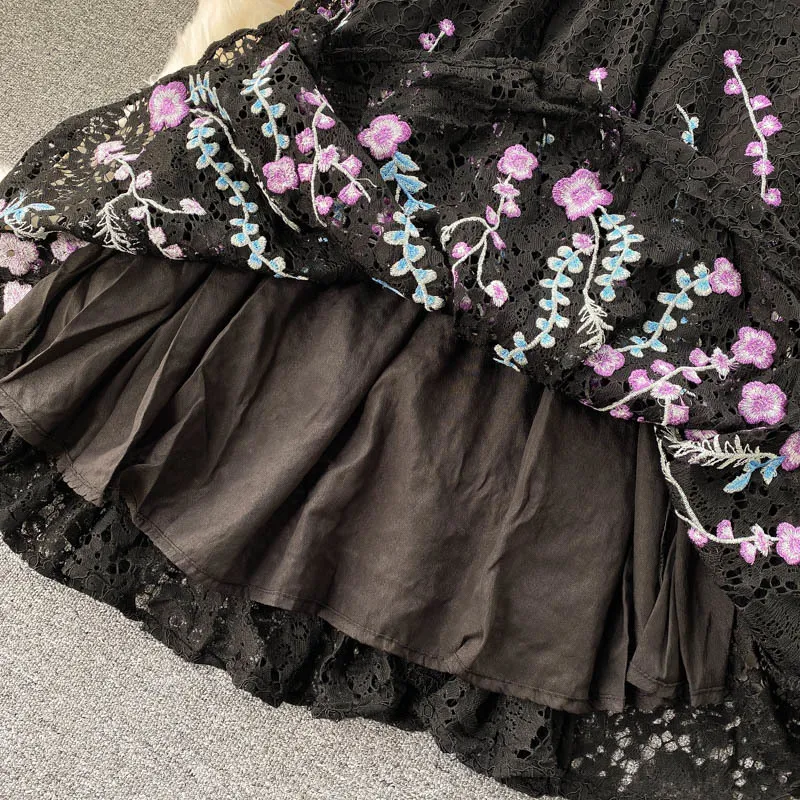 Осень зима ретро тяжелая промышленность вышивка цветы темперамент V-образным вырезом развлеченные рукава талии тонкое кружевное платье женщины UK573 210507