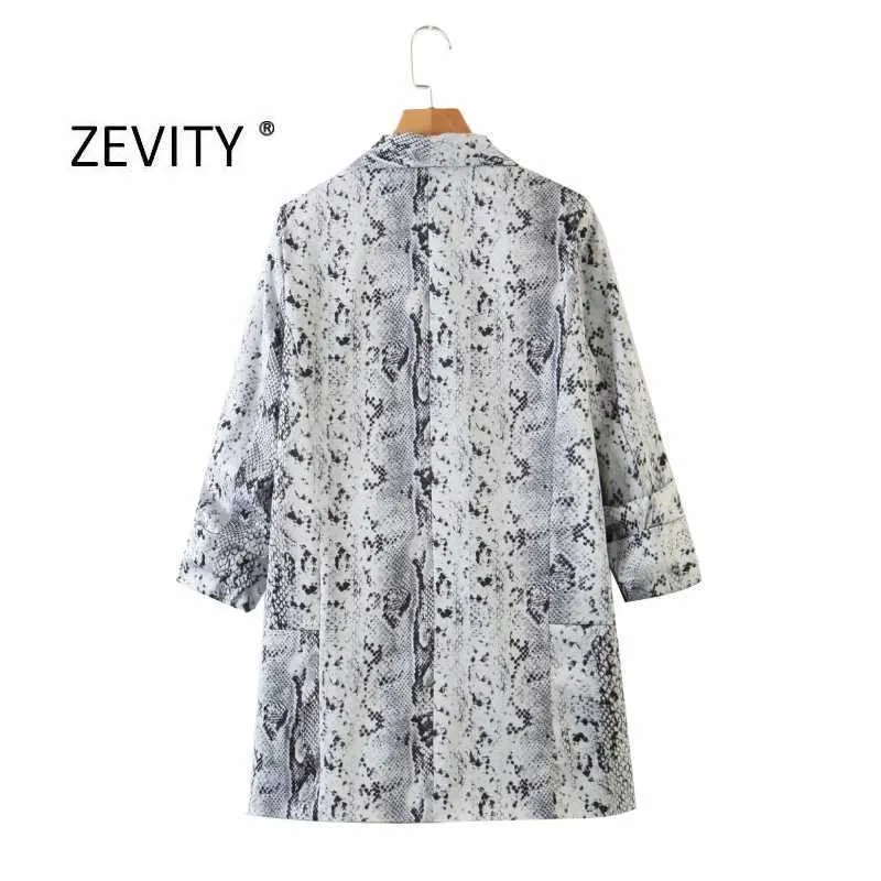 Zevity 여성 빈티지 주름 소매 뱀 피부 인쇄 오픈 스티치 블레이저 여성 outwear 레트로 정장 사무실 레이디 캐주얼 탑 CT538 210603