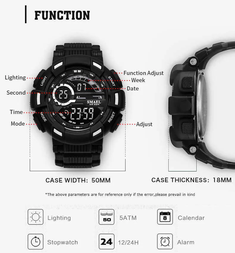 Relogio numérique résistant aux chocs montres numériques Sport de plein air étanche réveil Canlender chronographe montre-bracelet pour hommes G1022