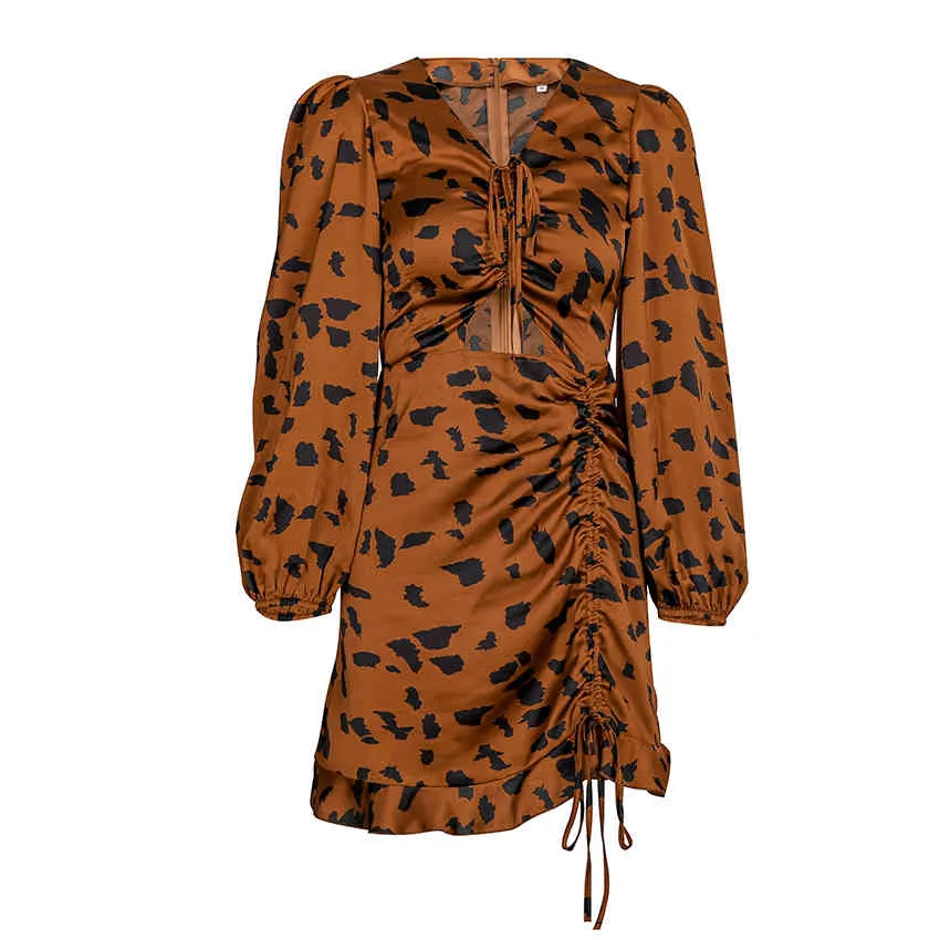 Sexig Leopard Print Ruched Satin Dress Kvinnor Vintage Lantern Långärmad Bodycon Kort Klänning Höst Vinter V ncek Boho Dress 210415