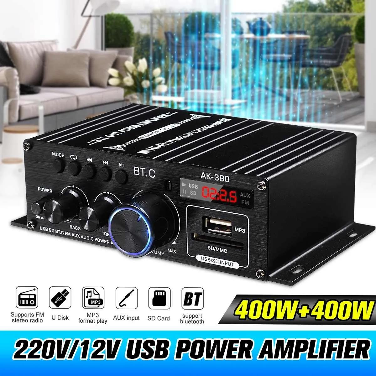 Ak380 800W 12V Eindversterker 5.0 Stereo Home BASS o Amp Muziekspeler Bluetooth Autoluidspreker Klasse D FM USB SD310c
