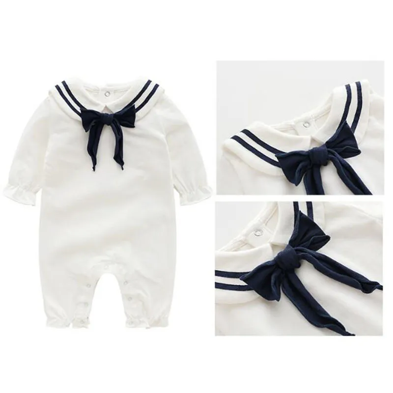 Navy Wind Cute Baby Girl Pure Color Mamelucos Niños Primavera Otoño nacido Ropa 210429