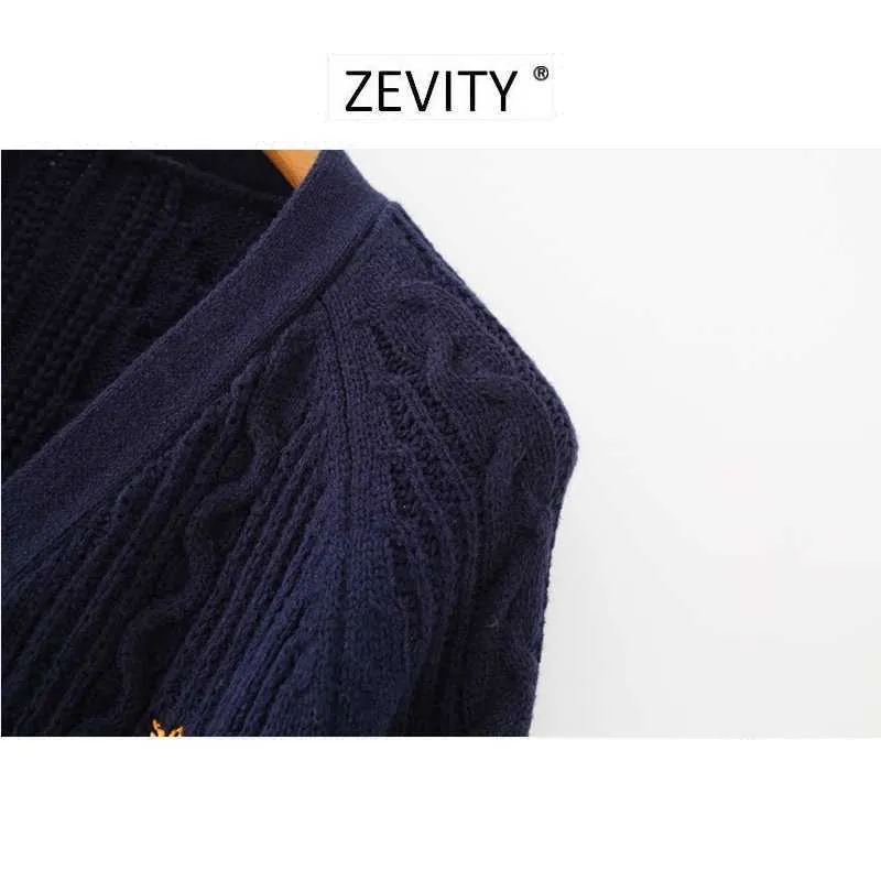 Zevity Women Vintage Floral Broderi Broderi Cardigan Sweaters Chic Kvinna Fritid V Neck Långärmad Toppar S347 210603