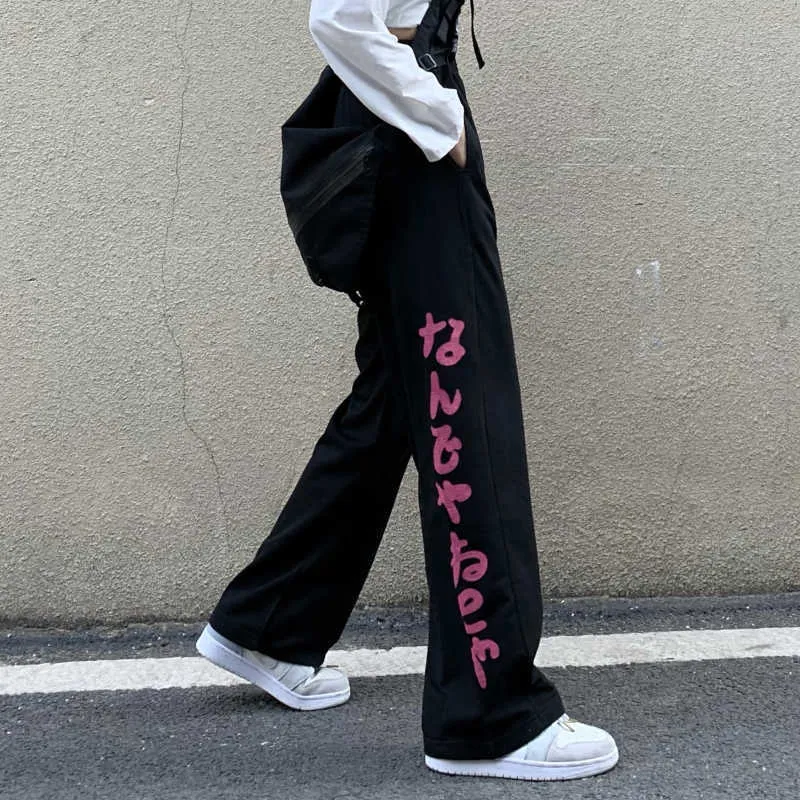 Pantalon femme 2021 nouvelle mode Y2K Streetwear taille moyenne Baggy jambe large pantalon droit noir Harajuku petit ami femmes pantalon Q0801