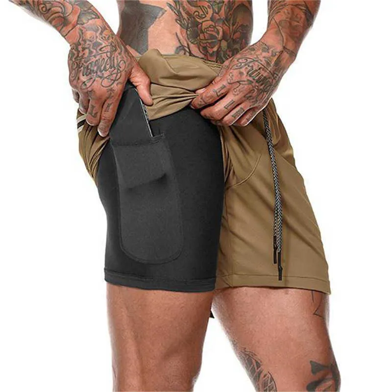 Neue Männer Casual Shorts 2 in 1 Quick Dry Jogger Hosen Turnhallen Fitness Bodybuilding Workout Strand Shorts Herren Casual coole Kurze Hosen X0601