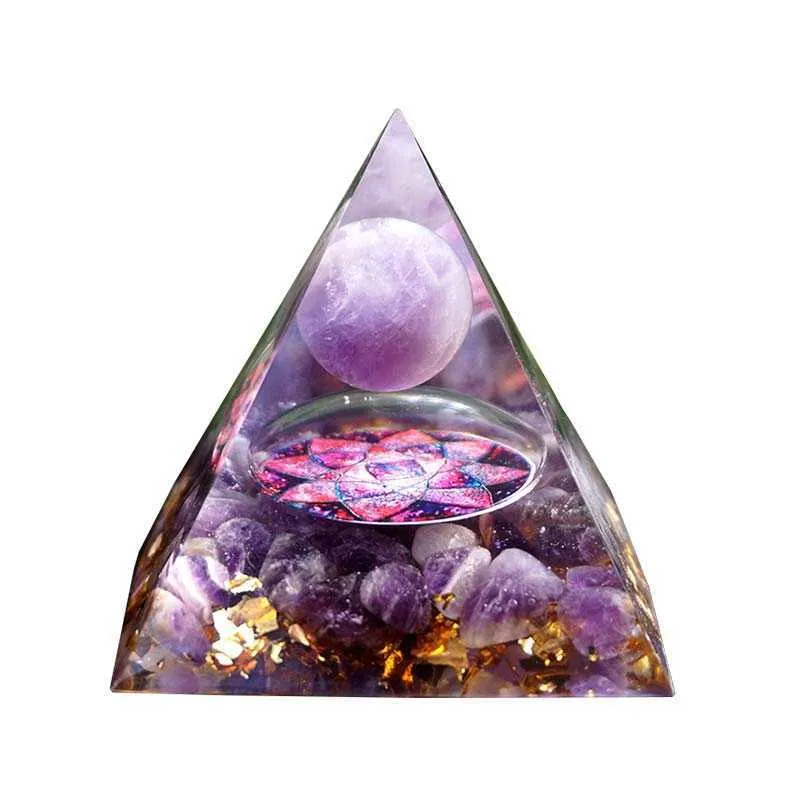 Handgefertigte Orgonit-Pyramide, 60 mm, Amethyst-Kristallkugel mit Amethyst-Naturkristallstein, Orgon-Energie, Heilung, Orgon 210607