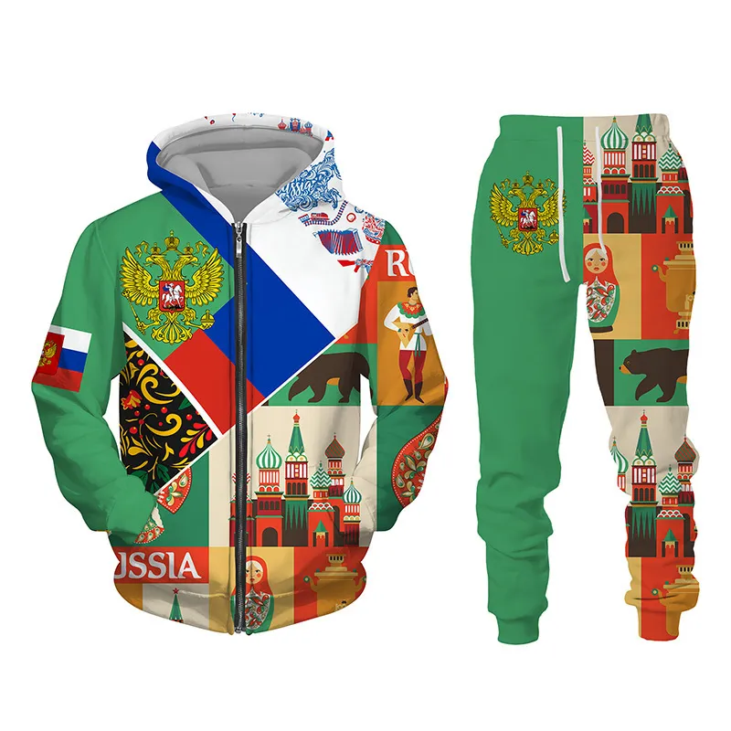 Marca Moda Moletom com Capuz/Jaqueta Calças Terno Bandeira Russa Estampada Masculina Feminina Conjunto de Moletons com Zíper Outono e Inverno 2 peças Agasalho 220222