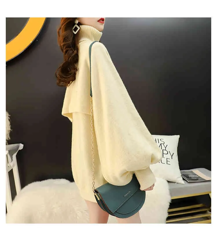 H.SA Kvinnor Turtleneck och Pullovers Lantern Sleeve Oversized Pull Jumpers 2 Piecs Vest Thick Winter Sweater 210417