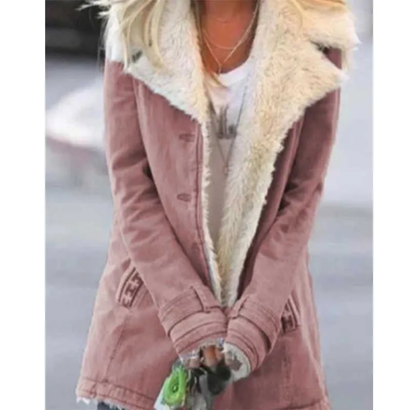 겨울 플러스 사이즈 여성 재킷 가을 주머니 레트로 코트 패션 솔리드 컬러 캐주얼 트렌드 스트리트 스타일 210914