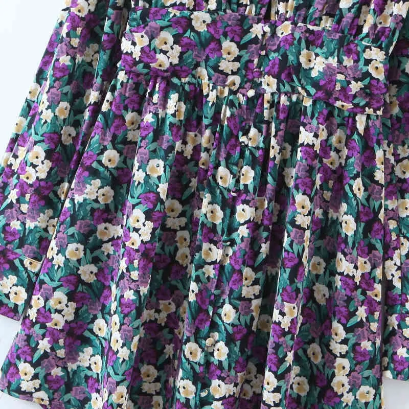Vintage Frau Lila Drapierter Druck Chiffon Kleid Frühling Mode Damen Urlaub Mini Es Weiblich Elegant A-Linie 210515