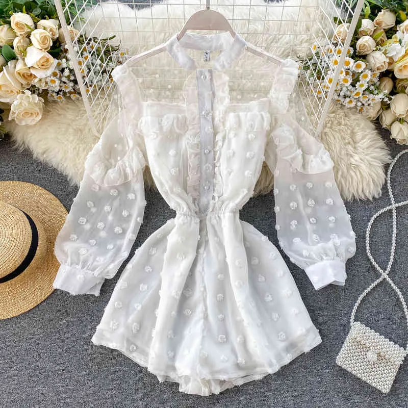 Summer Women's Jumpsuit French Puff Sleeve Net Yarn Polka Dot Fungus Slim and Thin Western Style Pants LL026 210507