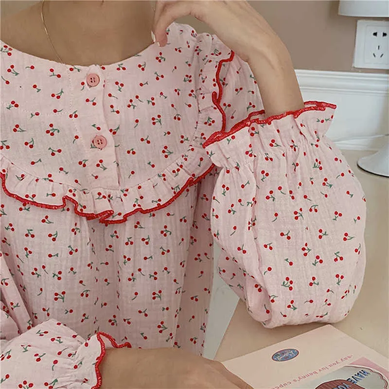 Casual Printed Florals Homewear Jurken Chic Nightdress Sweet Loose All Match Soft Mode Pyjama Sets 210525