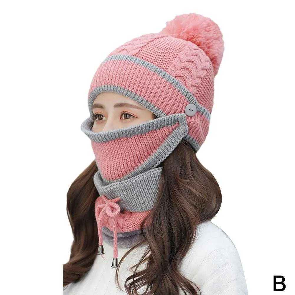 3 uds de sombreros babero cara cubierta protección contra el frío para mujeres Otoño Invierno gorro de lana tejido trajes lindo cálido