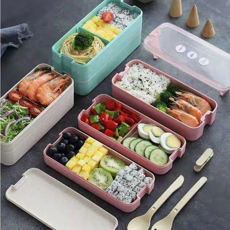 900 ml gesundes Material Lunchbox 3 Schicht Weizenstroh Bento Boxen Mikrowelle Geschirr Lebensmittelaufbewahrungsbehälter Lunchbox 210818