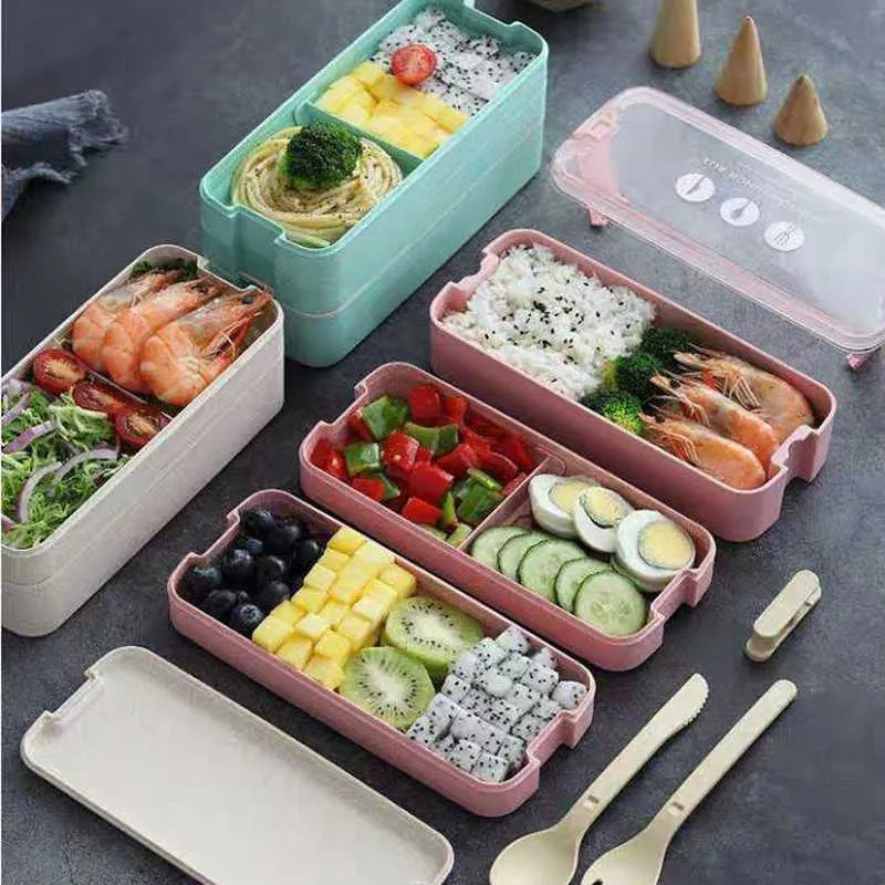 Lunch Box in materiale sano da 900 ml Scatole Bento in paglia di grano a 3 strati Stoviglie microonde Contenitore alimenti Lunchbox 210818