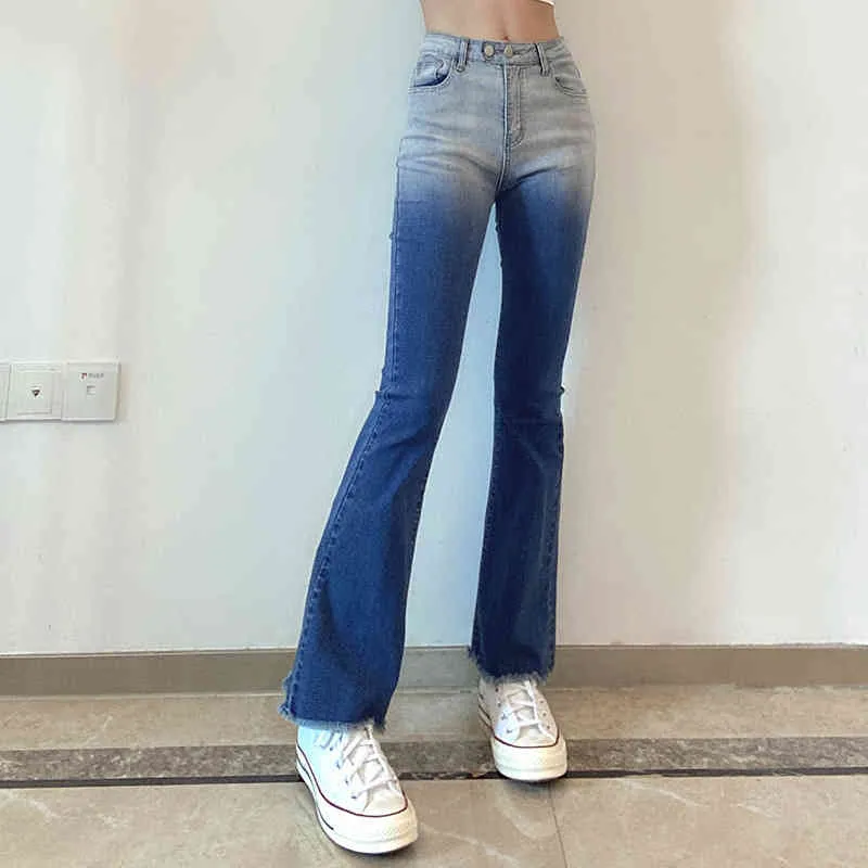 Streetwear Farbverlauf Jeans Damen Sommer hohe Taille dünne Denim Micro Flare Hosen weibliche Flut 5E191 210427