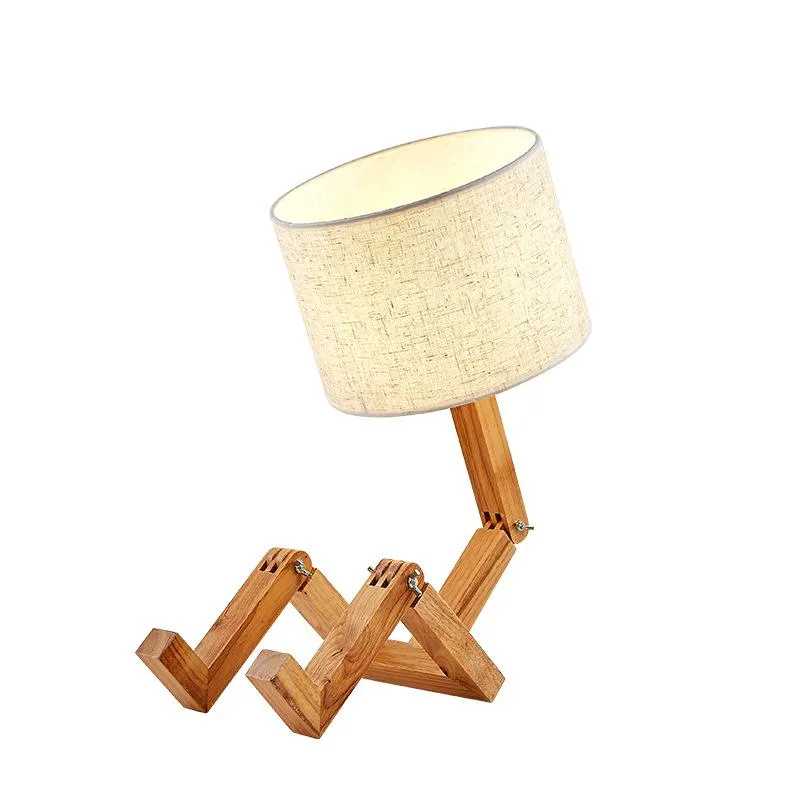 Table Lamps Modern Cloth Art Wood Desk Lamp Robot Shape Wooden Lights E27 Holder 110-240V Parlor Indoor Study Night Light316F