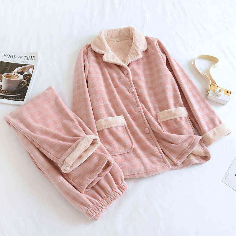 Couple Winter Pajama Set Thick Warm Flannel Homewear Plus Velvet Lounge Wear Female Home Service Clothes Suit Long-sleeve Pijama 211112