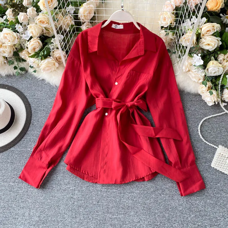 Mulheres Outono Sólida Blusa Manga Longa Lace Up Coreano Simples Elegante Elegante Tops Moda Chic Streetwear Blusa 210419