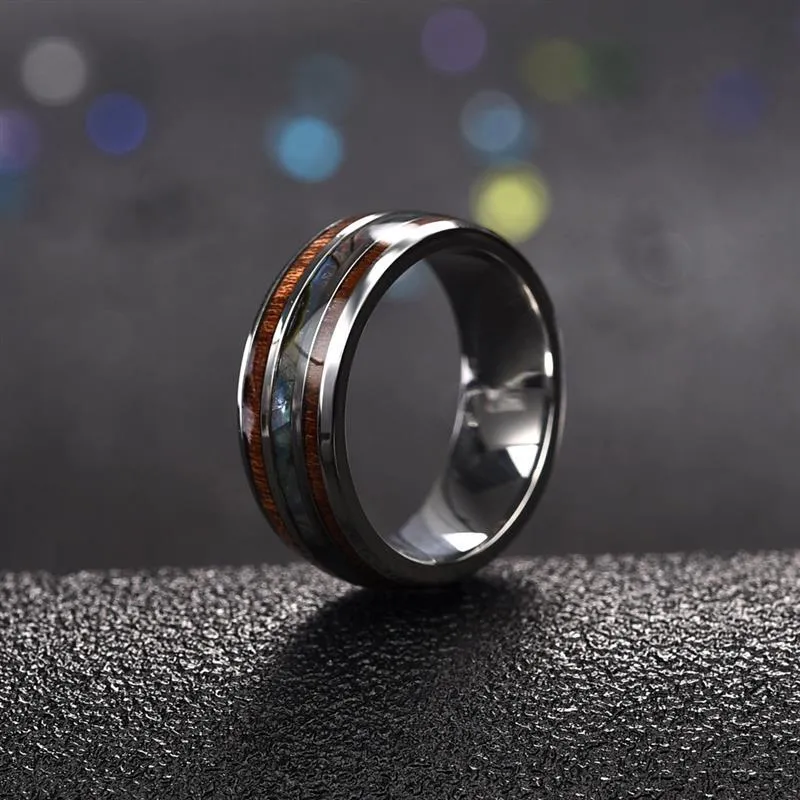 Cluster Rings Wood Inlay Titanium Steel For Men 8 Mm Abalone Shell Tungsten Carbide Ring OBSEDE Fashion Male Jewelry Accessory 5-1279v