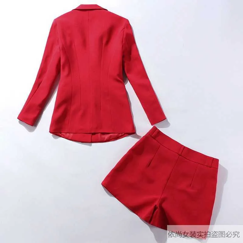 Hoogwaardige Office Shorts Suits Vrouwelijke Casual Losse Double-Breasted Ladies Blazer Dames Casual Pak Tweedelige Set 210527