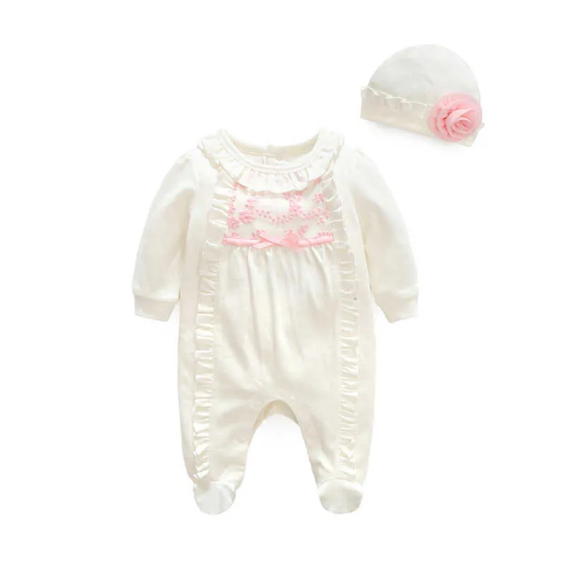 Vestiti bambini 0-3 mesi Completi bambina T-shirt Pantaloni siamesi + Fascia capelli Decorazione fiori in cotone Cuit Bebe Fille 210528