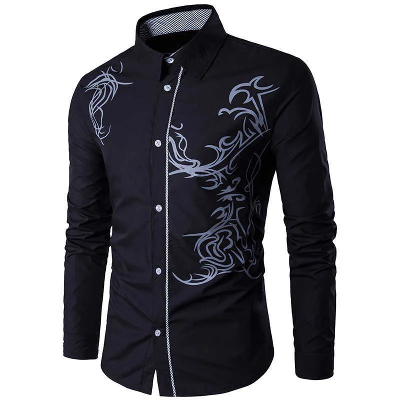 Camicia da uomo 2021 Primavera Nuovi uomini Moda Dragon Print Slim Fit Casual Social Business Camicia a maniche lunghe Marca Camisa Masculina P0812