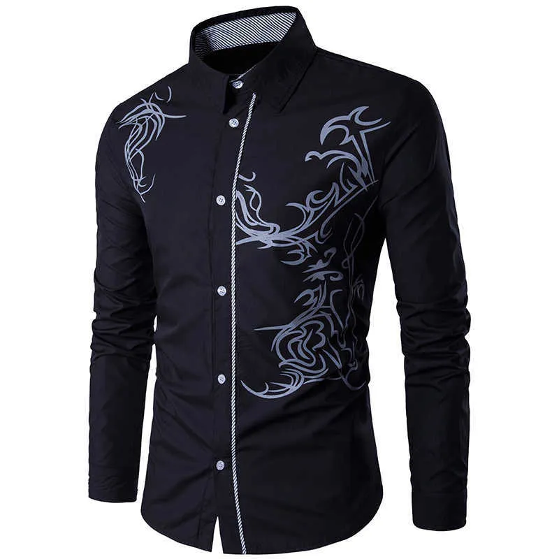 Hommes chemise 2021 printemps nouveaux hommes mode Dragon imprimer Slim Fit décontracté affaires sociales chemise à manches longues marque Camisa Masculina P0812