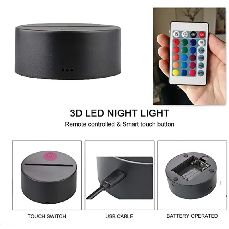 Stock USA Luci a LED RGB Base lampada a commutazione touch 3D illusione Pannello di luce acrilica da 4 mm Batteria 2A o DC5V USB Powerted287W