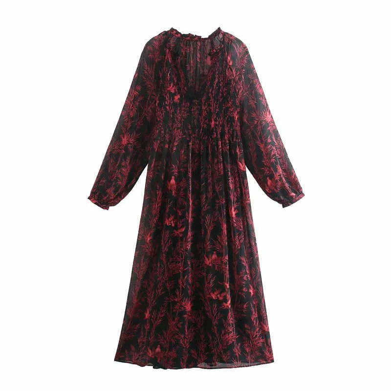 Za Flowy Print Midi Dress Women Vintage Long Puff Sleeve Party Dresses Woman Fashion Inner Lining Fitted Elegant Vestido 210602