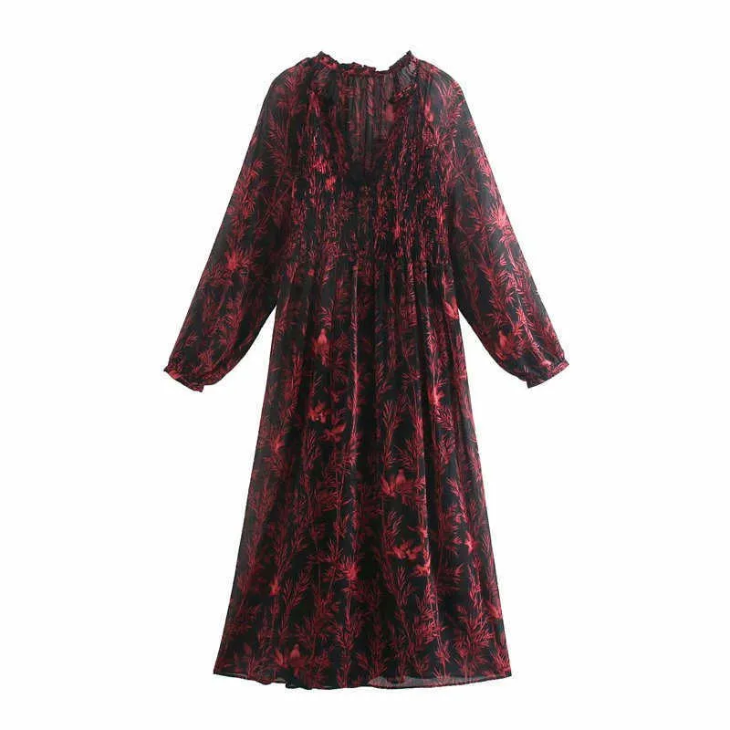 Za Flowy Print Midi Robe Femmes Vintage Longue Manches Longues Robes De Soirée Femme Mode Doublure Intérieure Ajustée Élégante Robe 210602