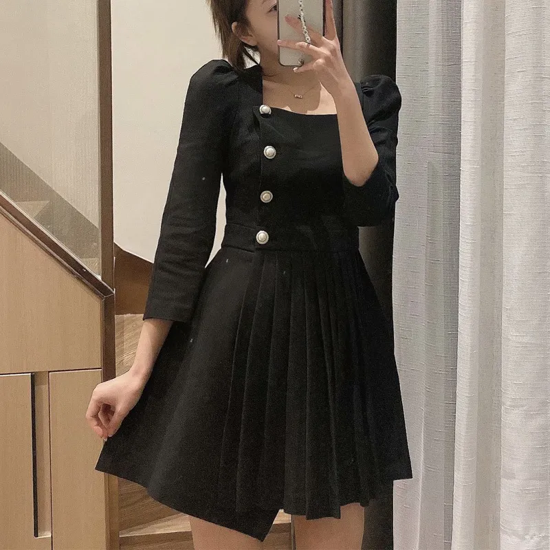 Femmes été Élégantes Blazers robe plissées 3/4 boutons à manches noires Vintage occasionnel Femme Mini robes Vêtements Vestidios 210513