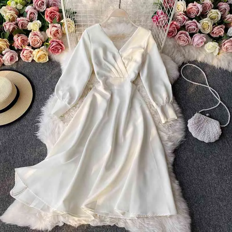 Ezgaga elegante jurk vrouwen vintage lange mouw V-hals hoge taille vakantie feestjurk stevige jurken Franse stijl gewaad vestidos 210430