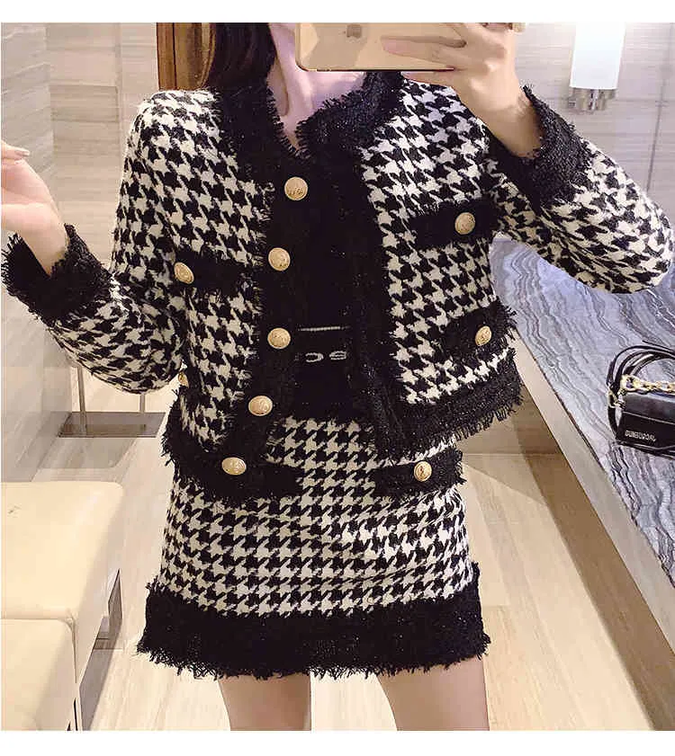 Abito da donna alla moda autunno e inverno versione coreana del cappotto corto scozzese gonna a due pezzi tendenza 210520