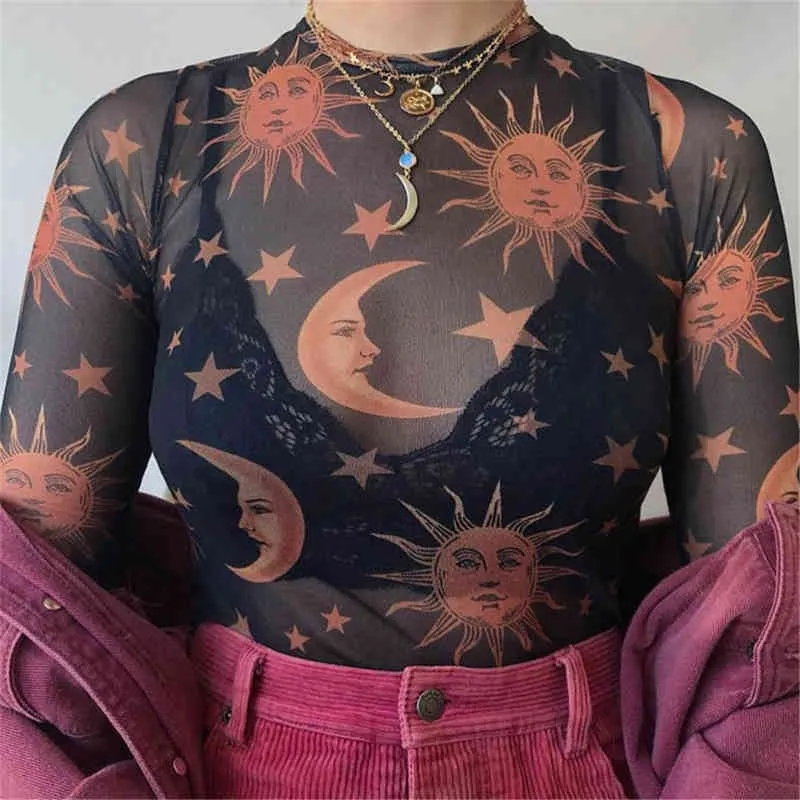 Kvinnor T-shirt Sun Moon Printed See-Through Transparent Mesh Femaletops Långärmad Sheer Slim Ladies Round Neck Clothing 210522