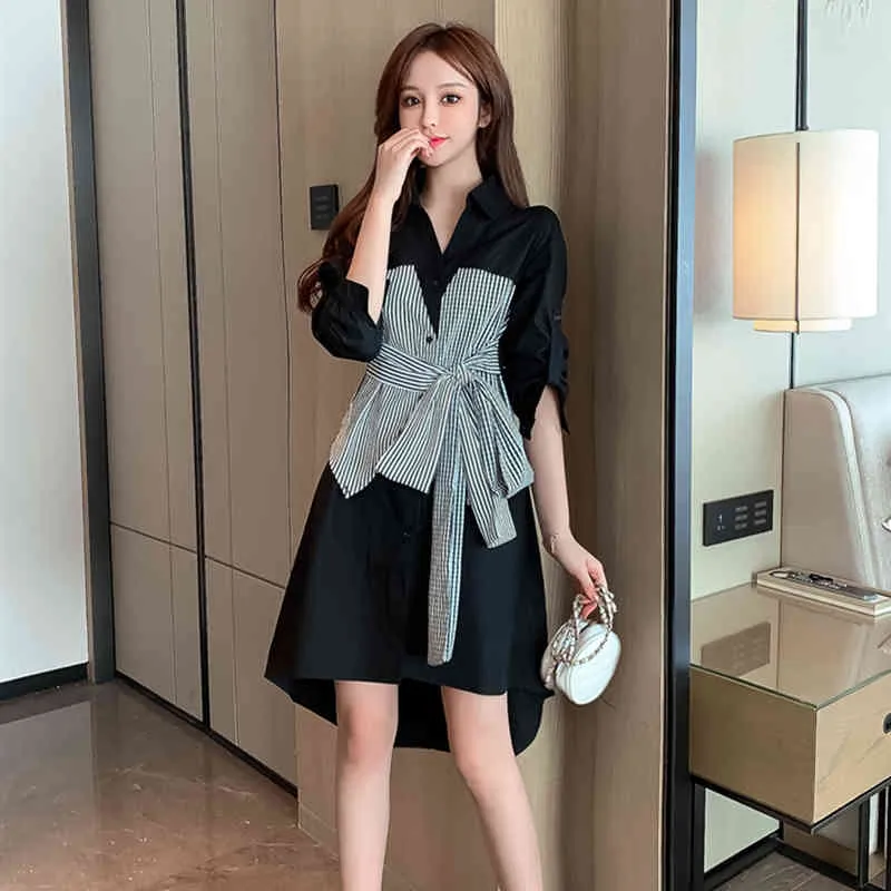 女性の秋のドレス韓国のファッションの偽のツーピースの短いスカートボトムな長袖ブラウスPL280 210506