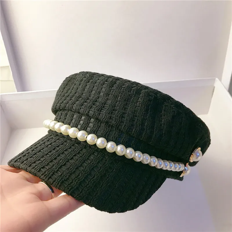 Pearl Chain Berets White Black Winter Warm Faux Fur Lady Octagonal Hat Women Leisure Visors Caps