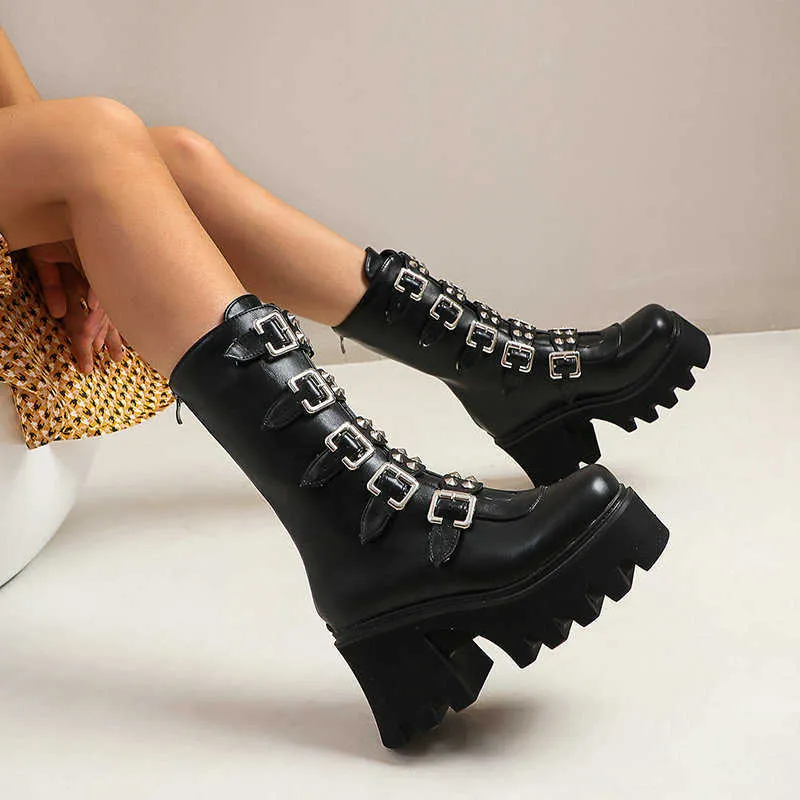 Winter Gothic Punk Womens Platform Boots Black Buckle Strap Zipper Creeper Wedges Shoes Mid Calf Military Combat Boots Women Y0914